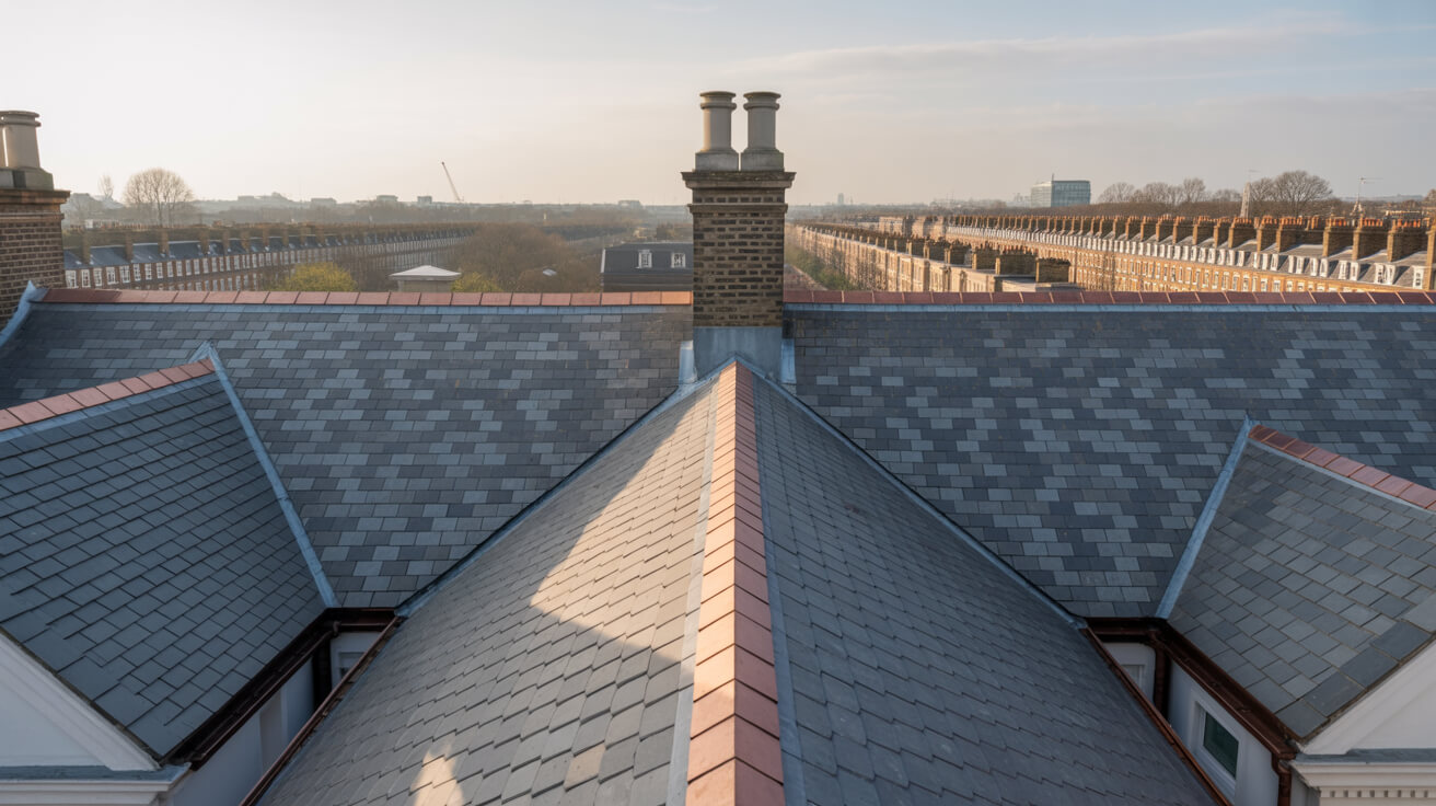 Professional roofer installing a slate roof on a UK residential home